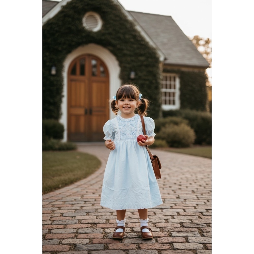 Polly Flinders Vintage Smocked Eyelet Lace Dress Blue Pink Floral Kids Size 6X